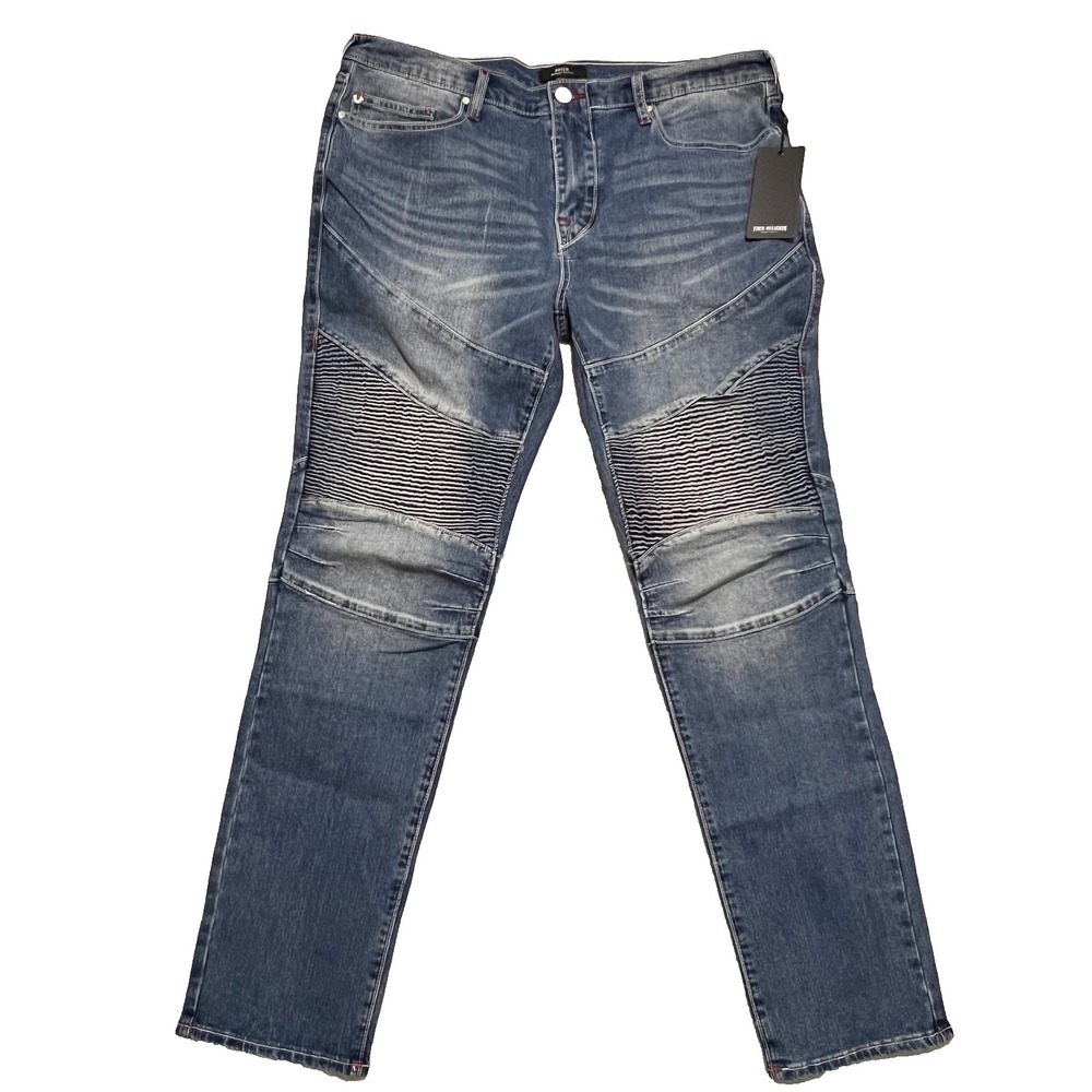NWT True Religion Rocco Moto Relaxed Faded Skinny Jeans 36x32 Denim Medium Wash